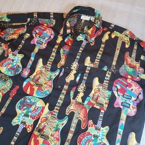 Vintage Gottex Men's XL Psychedelic Guitars Black Short Sleeve Shirt Party Beach